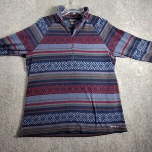 Eddie Bauer Men's Sweater XL Blue Fleece 1/4 Zip Aztec Stripe Raglan Pullover